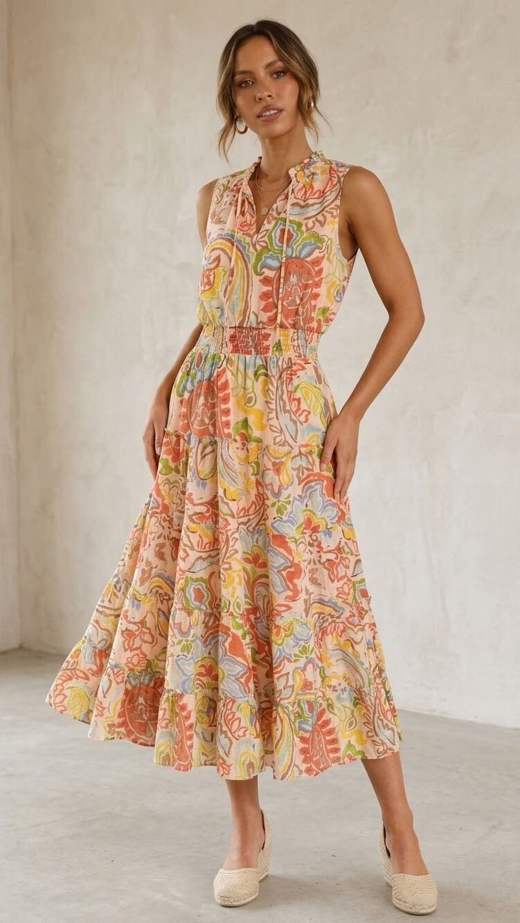 STATE Tiered Sleeveless Maxi Dress in Abstract Floral/Paisley - Size B21